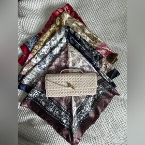 Elegant Cream Quilted Clutch + 4 Silk Scarves